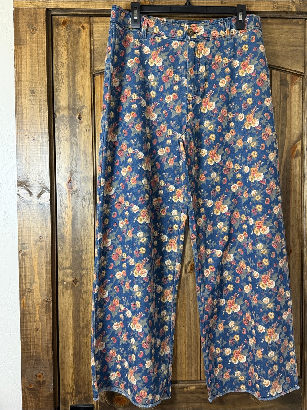 BiBi Blue Floral Wide-Leg Pants with Peach Roses